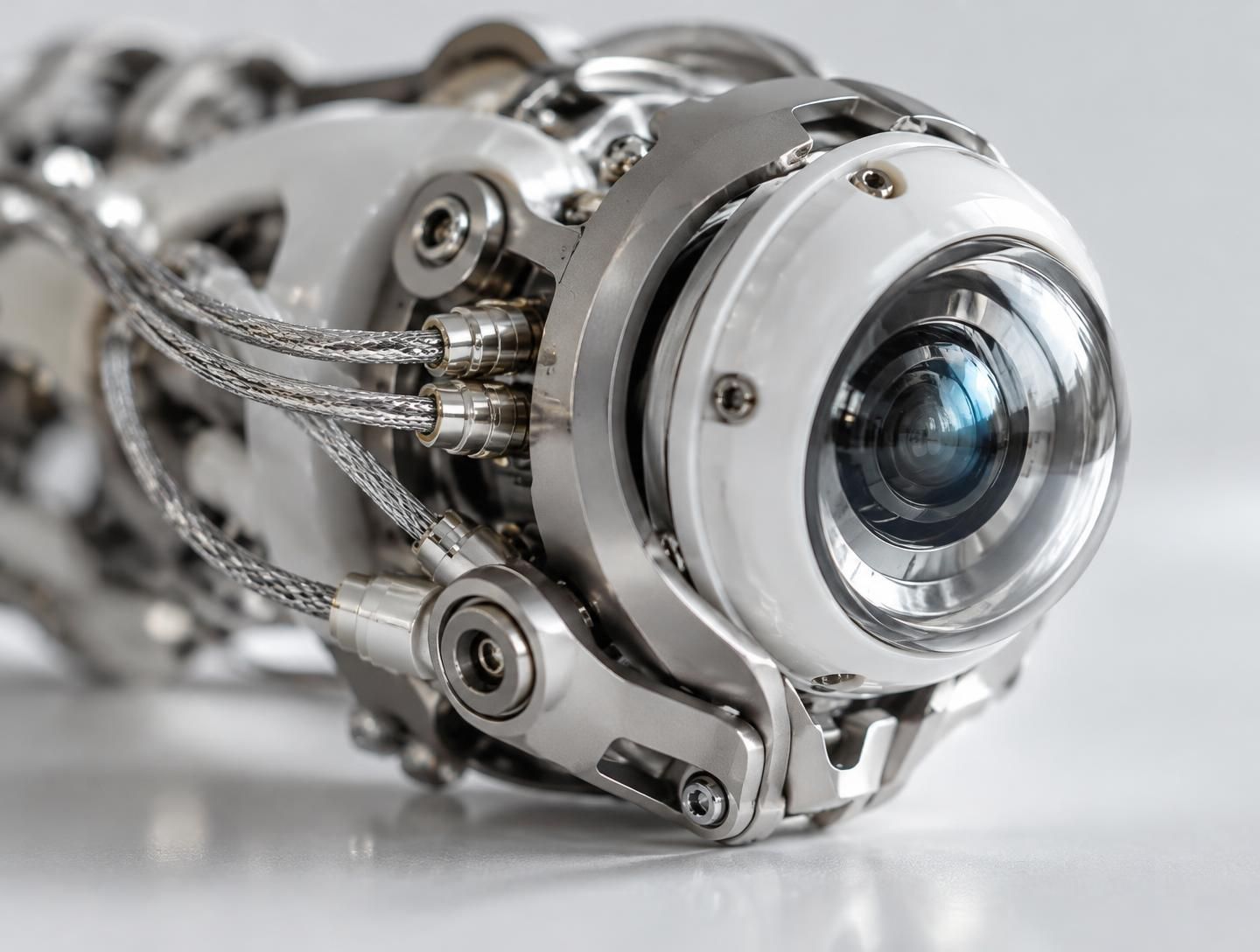 Macro photograph of a precision robotic eye assembly with braided silver cables